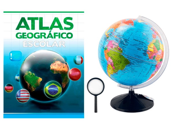 Encontraproduto.com.br - Kit Globo Terrestre Profissional Continental 30cm + Lupa +  Livro Atlas Escolar Com Divisão De Países Base Em Plástico
