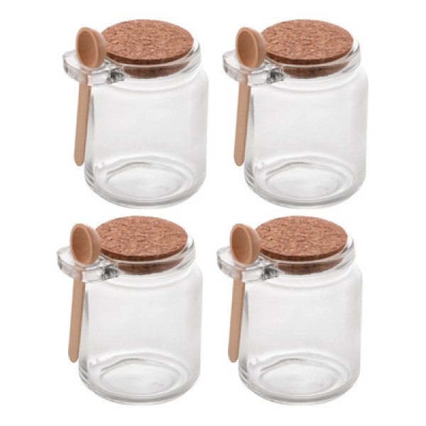 Encontraproduto.com.br - Conjunto 4 Pote Porta Temperos De Vidro Tampa De Rolha 240ml Colher De Bambu Lyor
