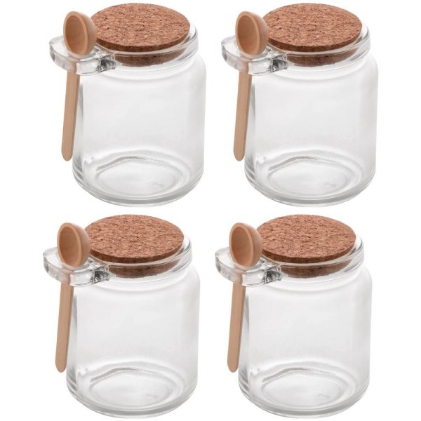Encontraproduto.com.br - Conjunto 4 Pote Porta Temperos De Vidro Tampa De Rolha 240ml Colher De Bambu Lyor