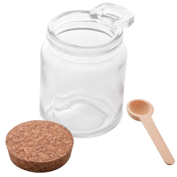Encontraproduto.com.br - Conjunto 4 Pote Porta Temperos De Vidro Tampa De Rolha 240ml Colher De Bambu Lyor