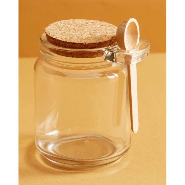 Encontraproduto.com.br - Conjunto 4 Pote Porta Temperos De Vidro Tampa De Rolha 240ml Colher De Bambu Lyor