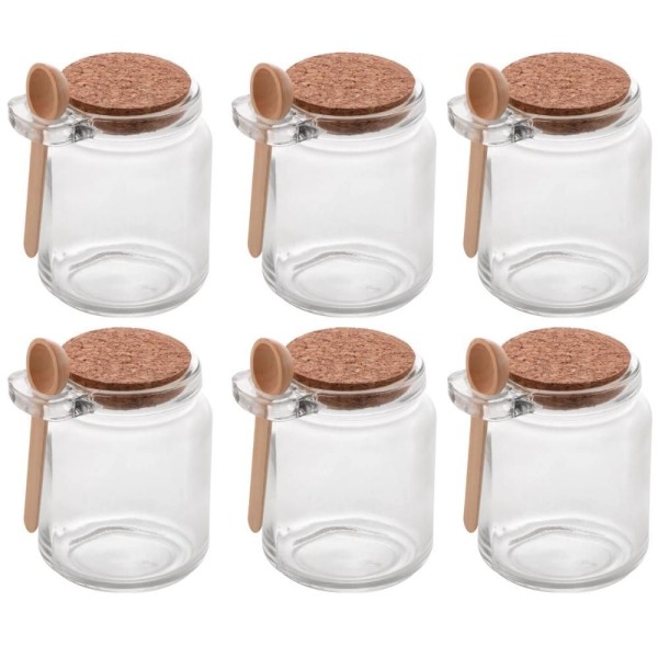 Encontraproduto.com.br - Kit De Pote De Vidro Com Tampa De Rolha Colher Bambu 6 Unidades Porta Temperos 240ml Lyor