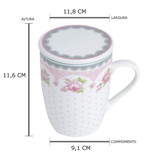 Encontraproduto.com.br - 4 Canecas de Porcelana para Chá 310ml com Tampa e Filtro Inox Infusoor Lyor Rosa
