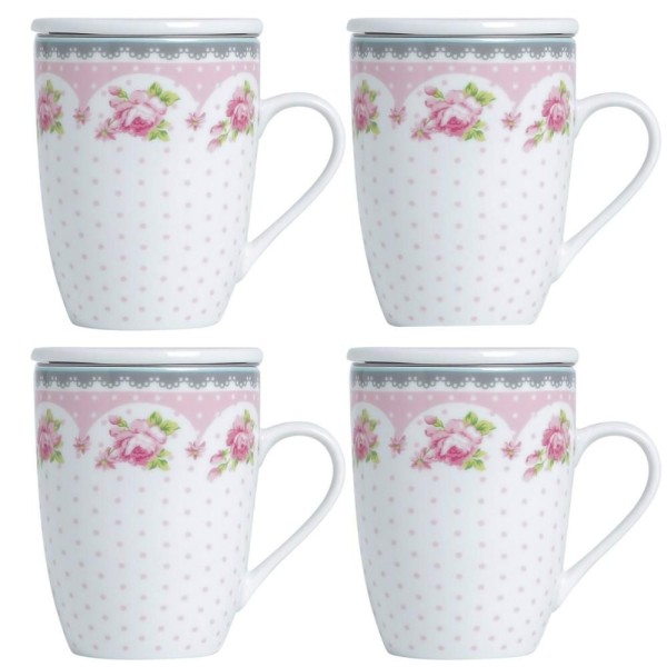 Encontraproduto.com.br - 4 Canecas de Porcelana para Chá 310ml com Tampa e Filtro Inox Infusoor Lyor Rosa