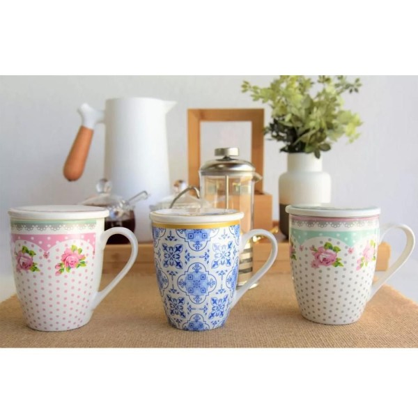 Encontraproduto.com.br - 4 Canecas de Porcelana para Chá 310ml com Tampa e Filtro Inox Infusoor Lyor Rosa