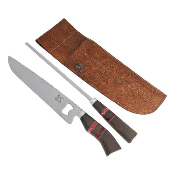 Encontraproduto.com.br - Conjunto Faca Abridor E Chaira 10 Churrasco Artesanal Cabo Madeira Imbuia Aço Inox Tradicional