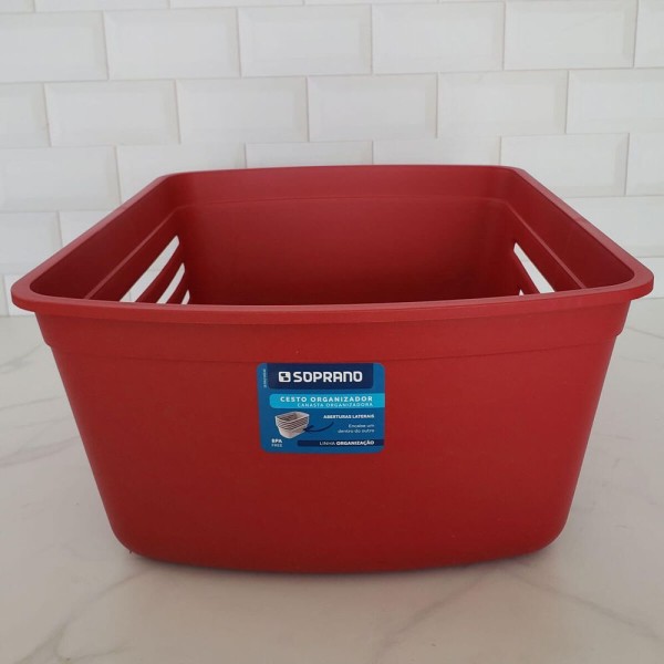 Encontraproduto.com.br - Kit 2 Cestos Organizadores Multiuso Caixas Plásticas Grandes Encaixáveis Soprano Vermelho
