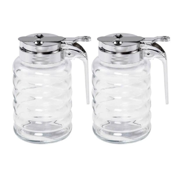 Encontraproduto.com.br - Kit 2 Meleiras De Vidro 150ml Com Dosador Potes Para Mel Lyor Transparentes Tampa Cromada