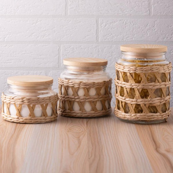 Encontraproduto.com.br - 2 Potes Herméticos Vidro Sisal com Tampa Madeira 350ml Wolff para Mantimentos