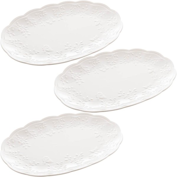 3 Travessas de Porcelana Butterfly Flower Lyor 36x23cm Oval New Bone para Servir ou Decorar