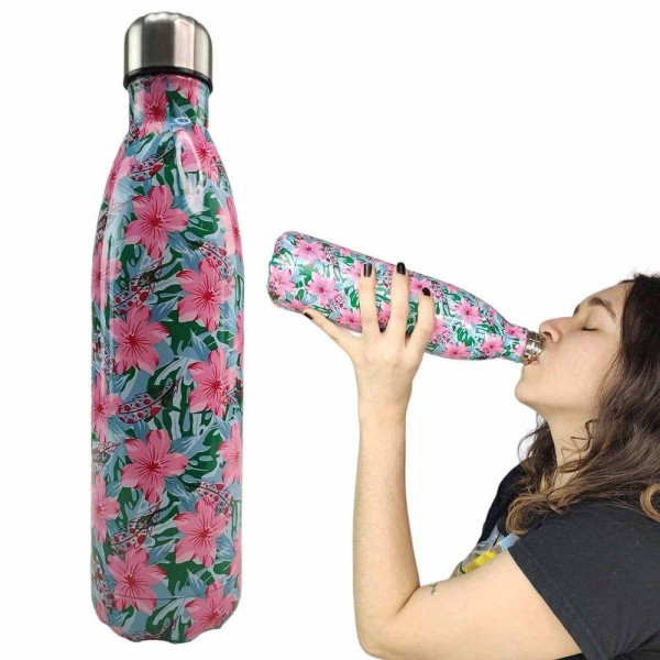 Encontraproduto.com.br - Garrafa Termica Estampada Flores 750 Ml Squeeze Inox Resistente Floral Academia Treino Aula Estudos
