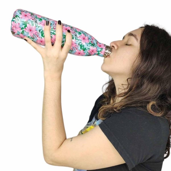 Encontraproduto.com.br - Garrafa Termica Estampada Flores 750 Ml Squeeze Inox Resistente Floral Academia Treino Aula Estudos