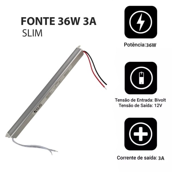 Encontraproduto.com.br - Fonte Slim Drive 36w 12v 3a Fita Led Perfil Bivolt Ip20 Resistente Lustre Luminaria