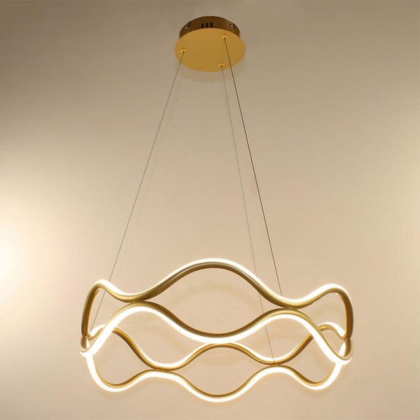 Encontraproduto.com.br - Luminaria Pendente 3 Em 1 Lustre Led Ondas Infinito 52w Arco Aneis Dourado Restaurante Sala De Janta