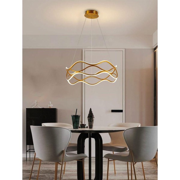 Encontraproduto.com.br - Luminaria Pendente 3 Em 1 Lustre Led Ondas Infinito 52w Arco Aneis Dourado Restaurante Sala De Janta
