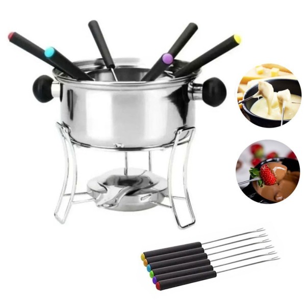 Encontraproduto.com.br - Conjunto Fondue Inox 10 Peças Fogareiro Panela Garfo Chocolate Queijo Frio Outono Inverno Cozinha
