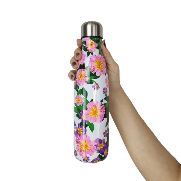 Encontraproduto.com.br - Garrafa Termica Inox 500ml Estampada Flores Floral Florido Treino Academia Trabalho