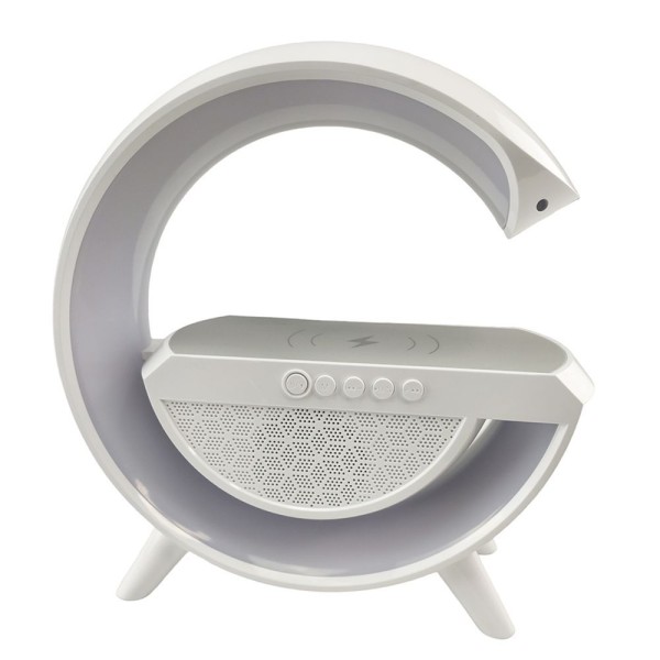 Encontraproduto.com.br - Caixa De Som Luminaria G Led Rgb Carregador Induçao Celular Usb Radio Fm Musica Ambiente Speaker