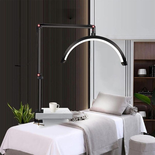 Encontraproduto.com.br - Luminaria Estetica Salao De Beleza Spa Arco Meia Lua 3 Tons Led Suporte Celular Mesa Limpeza