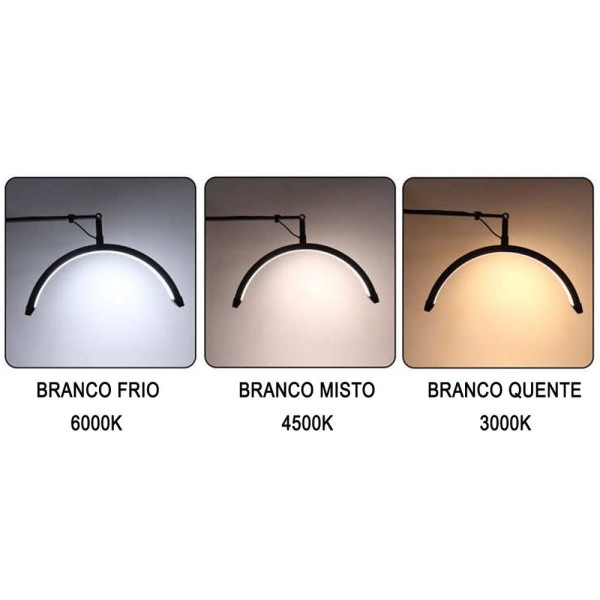 Encontraproduto.com.br - Luminaria Estetica Salao De Beleza Spa Arco Meia Lua 3 Tons Led Suporte Celular Mesa Limpeza