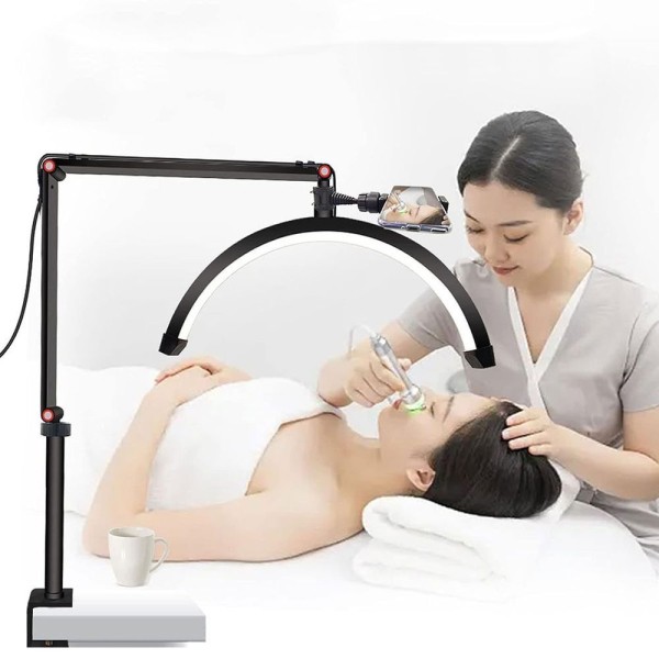 Encontraproduto.com.br - Luminaria Estetica Spa Meia Lua Arco Led 3 Tons Suporte Celular Mesa Limpeza De Pele Salao