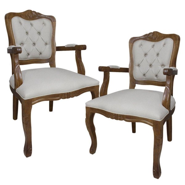 Encontraproduto.com.br - Kit 2 Poltronas Clássica Luiz Xv Verniz Imbuia E Linho Bege Claro