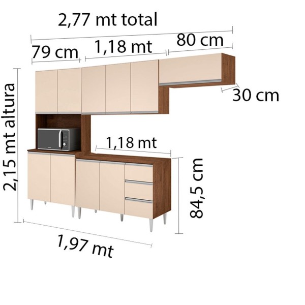 Encontraproduto.com.br - Cozinha Modulada Milla 4 Peças Castanho Off White Puxador Aluminio Ii