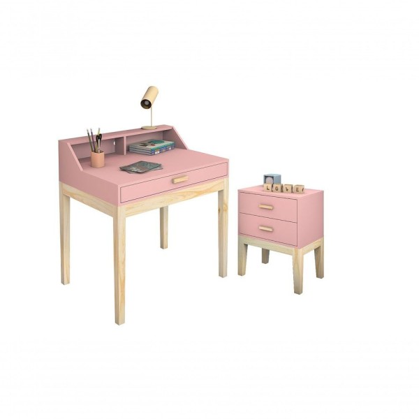 Encontraproduto.com.br - Conjunto Mesa De Estudo 1 Gaveta Mais Mesa De Cabeceira 2 Gavetas Teens Rosa