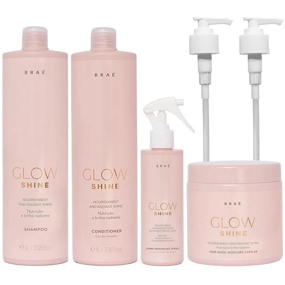 Kit Braé Glow Shine Shampoo 1000ml + Condicionador 1000ml + Máscara 500g + Fluído 200ml + Válvulas Pump
