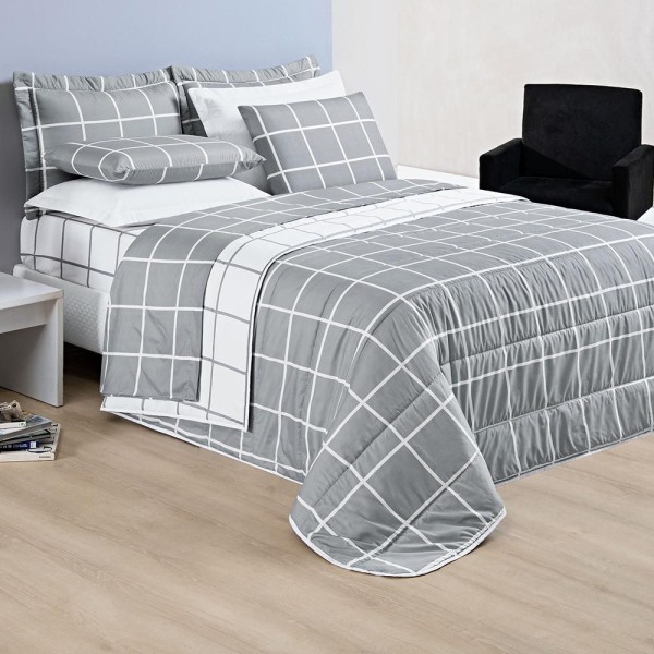 Encontraproduto.com.br - Kit Cobre Leito Minimalista King 03 Peças Micropercal 200 Fios - Cinza Com Branco