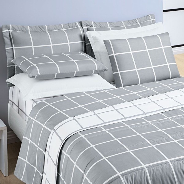 Encontraproduto.com.br - Kit Cobre Leito Minimalista King 03 Peças Micropercal 200 Fios - Cinza Com Branco