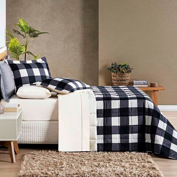 Encontraproduto.com.br - Kit Cobre Leito Renascence Casal Padrão Dupla Face Micropercal 200 Fios Xadrez - Preto