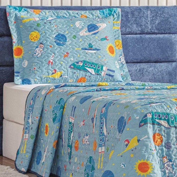 Encontraproduto.com.br - Kit Colcha Diverkids Astronauta Solteiro Tecido Microfibra Dupla Face Quarto Infantil - Azul