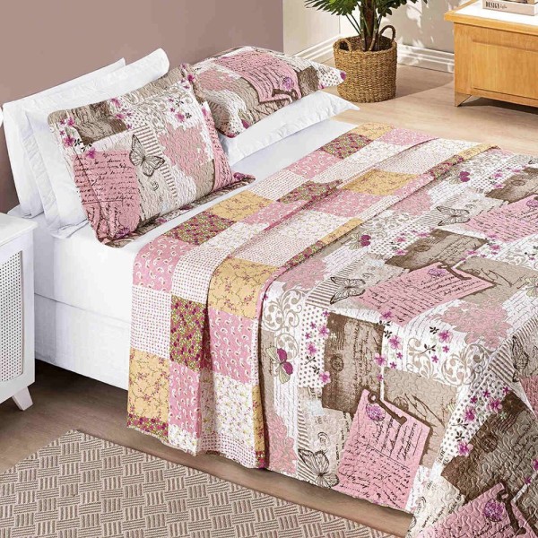 Kit Colcha Ayla Casal King Tecido Dupla Face Microfibra 03 Peças - Patchwork Rosê