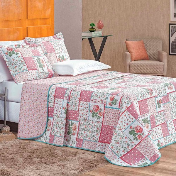 Colcha Anna Casal King 03 Peças Tecido Dupla Face Microfibra 03 Peças - Patchwork Floral Lidian