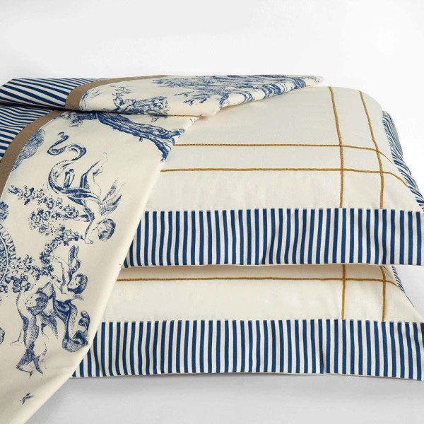 Encontraproduto.com.br - Jogo Cama Lençol Nobreza Queen Percal 180 Fios 04 Peças - Palha Com Azul