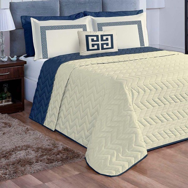 Encontraproduto.com.br - Kit Cobre Leito Casal Padrão Tunes 07 Peças Microfibra Dupla Face Matelado - Marinho Com Palha