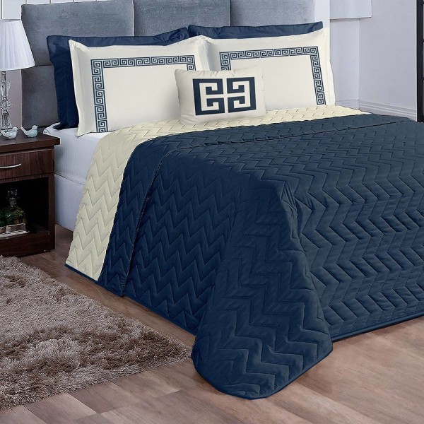 Encontraproduto.com.br - Kit Cobre Leito Casal Padrão Tunes 07 Peças Microfibra Dupla Face Matelado - Marinho Com Palha