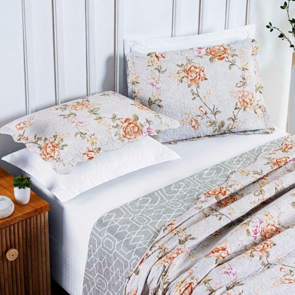 Encontraproduto.com.br - Kit Cobre Leito Colcha Daily Queen 3 Peças Matelado Ultrassônico Dupla Face Estampado - Bloom Floral