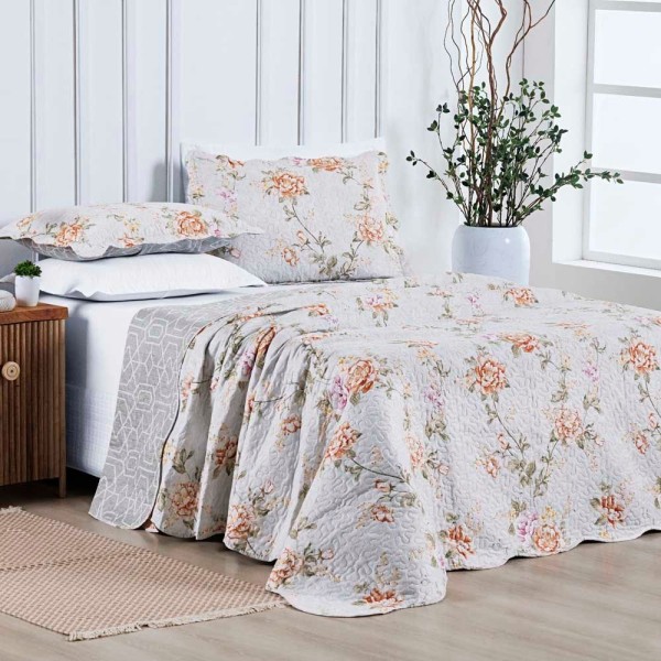 Encontraproduto.com.br - Kit Cobre Leito Colcha Daily Queen 3 Peças Matelado Ultrassônico Dupla Face Estampado - Bloom Floral