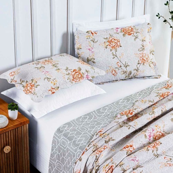 Encontraproduto.com.br - Kit Cobre Leito Colcha Daily Queen 3 Peças Matelado Ultrassônico Dupla Face Estampado - Bloom Floral