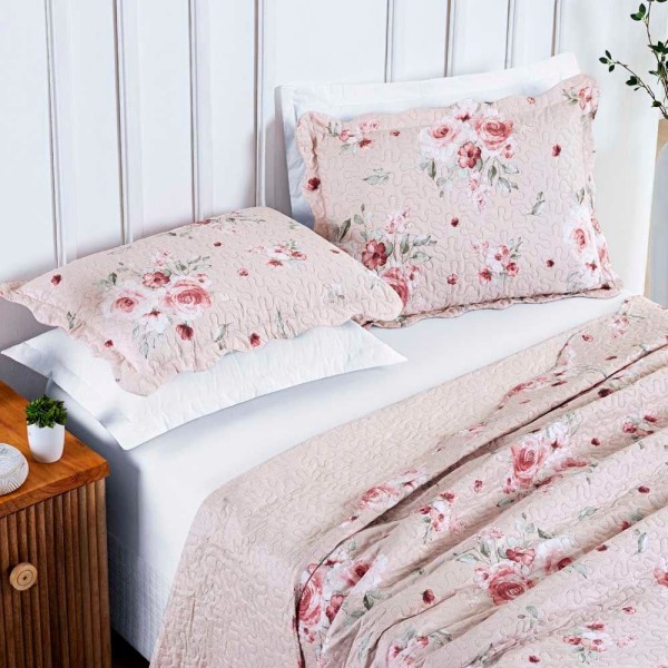 Encontraproduto.com.br - Kit Cobre Leito Colcha Daily Queen 3 Peças Matelado Ultrassônico Dupla Face Estampado - Flora Rosa