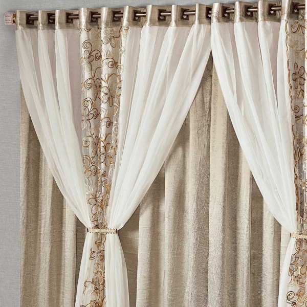 Encontraproduto.com.br - Cortina Diamante 3,00m x 2,50m Tecido Cetim Amassado com Voil Floral Varão Simples - Bronze