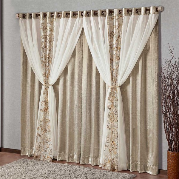 Encontraproduto.com.br - Cortina Diamante 3,00m x 2,50m Tecido Cetim Amassado com Voil Floral Varão Simples - Bronze