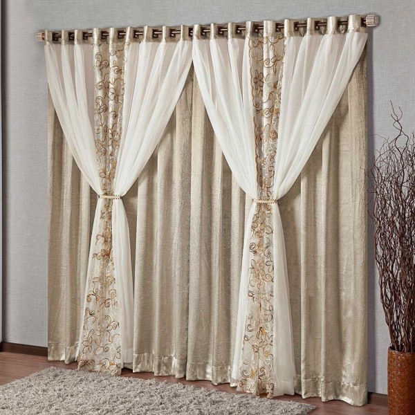 Encontraproduto.com.br - Cortina Diamante 3,00m x 2,50m Tecido Cetim Amassado com Voil Floral Varão Simples - Bronze