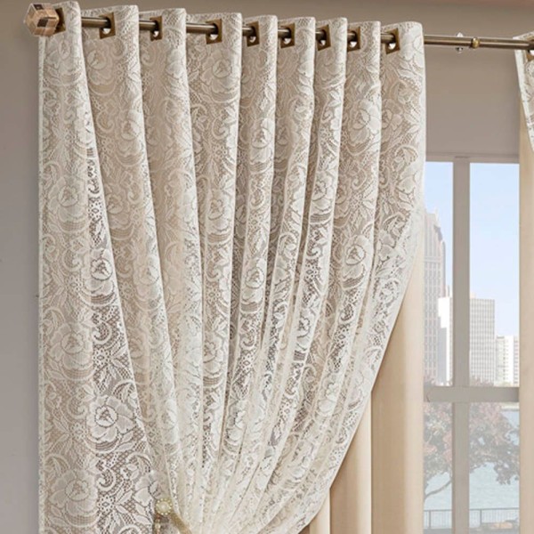 Encontraproduto.com.br - Cortina Monalisa 3,00M X 2,50M Varão Simples Tecido Blackout Com Renda Floral - Palha