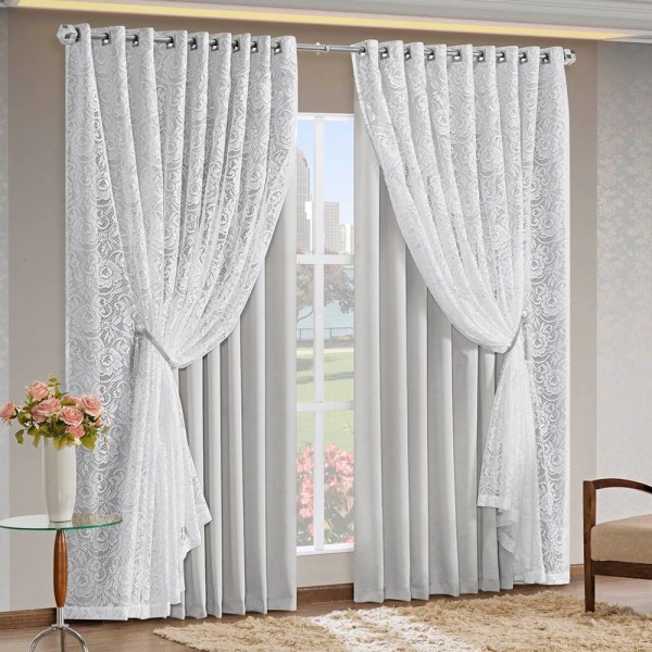 Encontraproduto.com.br - Cortina Monalisa 3,00M X 2,70M Varão Simples Tecido Blackout Com Renda Floral - Gelo