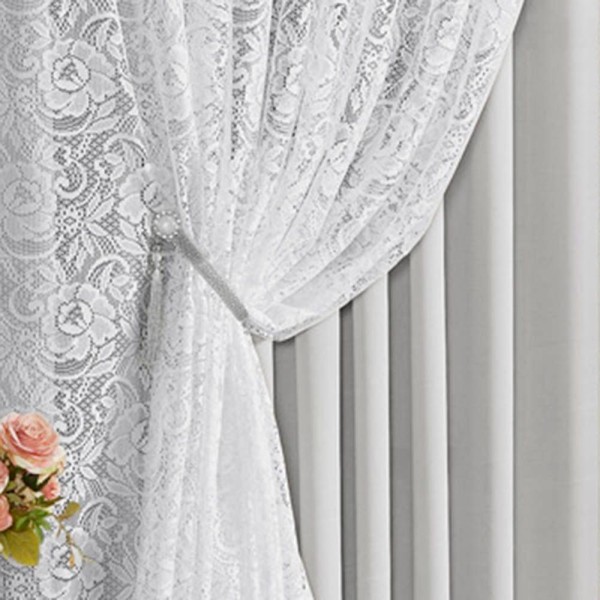 Encontraproduto.com.br - Cortina Monalisa 3,00M X 2,70M Varão Simples Tecido Blackout Com Renda Floral - Gelo