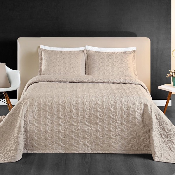 Encontraproduto.com.br - Kit Cobre Leito Colcha Tendência Queen 3 Peças Micropercal 200 Fios Bordado Premium - Cáqui