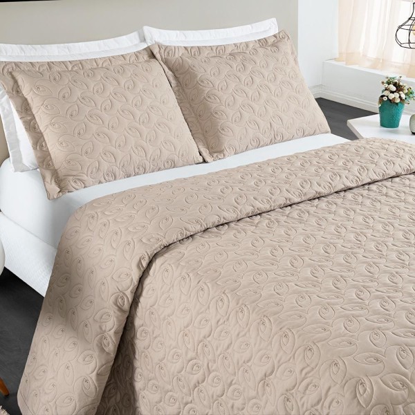 Encontraproduto.com.br - Kit Cobre Leito Colcha Tendência Queen 3 Peças Micropercal 200 Fios Bordado Premium - Cáqui